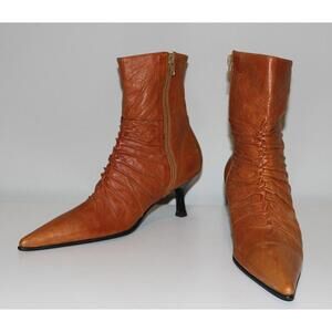 Stivali Pointed Toe Brown Leather Handmade Vintage Boho Ankle Boots Size 37 / 6